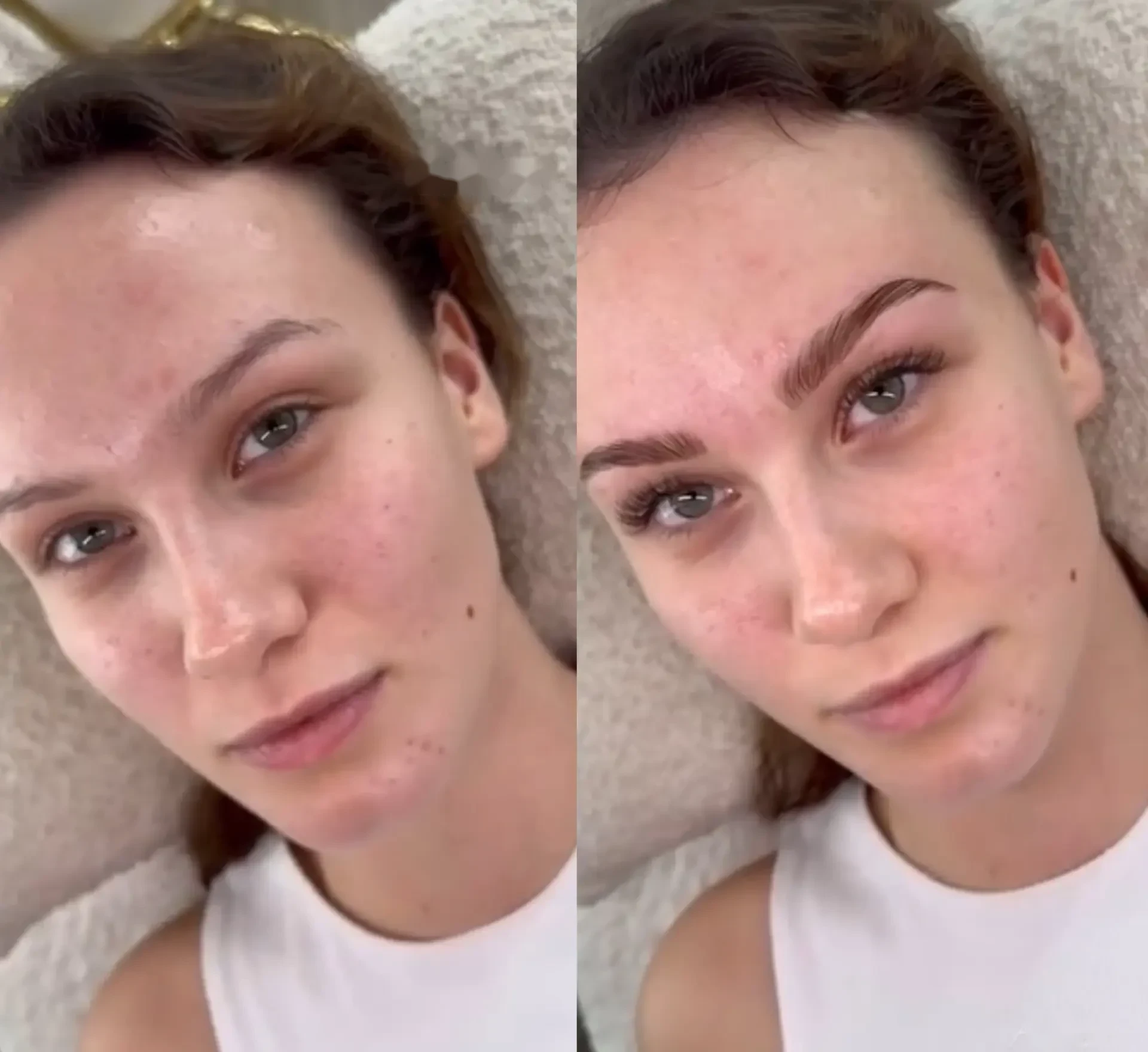 Before and after of brow shaping with lash enhancement on a client with fair skin